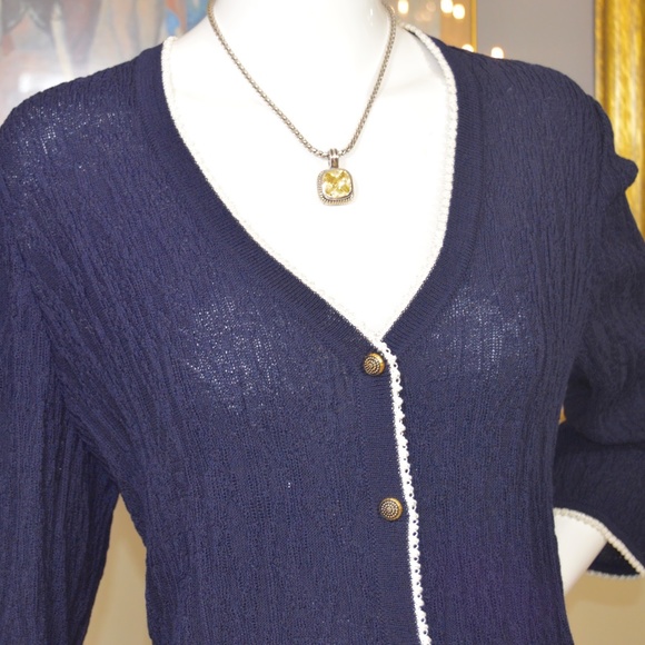 St. John Collection Navy Lacey Knit Enameled Buttons Cardigan - Picture 8 of 12